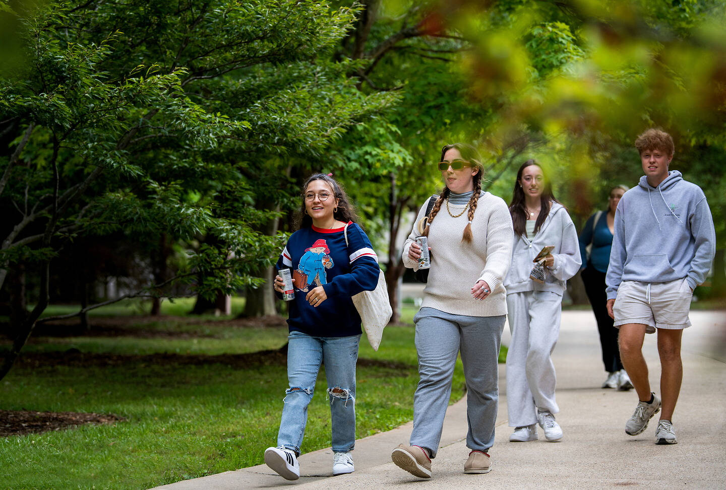 A group of young student stroll along a tree-lined path, casually dressed and holding drinks.